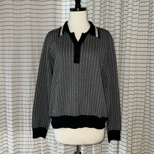 NWT Adrianna Papell Contrast Tipped Y-Polo Jacquard Sweater Black Ivory Size XL
